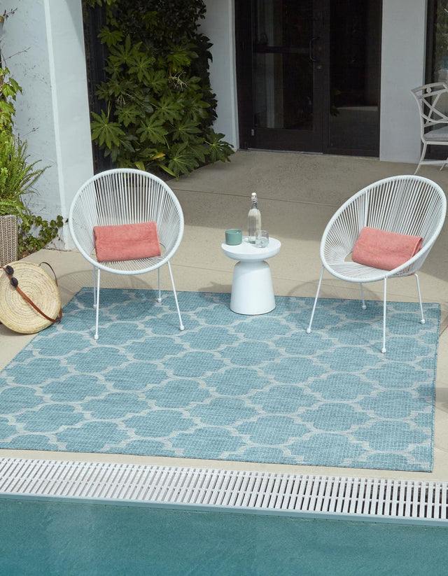 Aquamarine 5' 3 x 5' 3 Outdoor Trellis Square Area Rug Weather Resistant for Patio, Deck, Terrace, Balcony, Porch Geometric Design Water Safe Outside Carpet for Sale at Rug Engine
