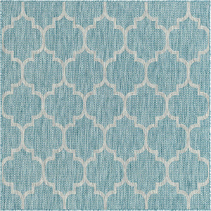Aquamarine 5' 3 x 5' 3 Outdoor Trellis Square Area Rug Weather Resistant for Patio, Deck, Terrace, Balcony, Porch Geometric Design Water Safe Outside Carpet for Sale at Rug Engine