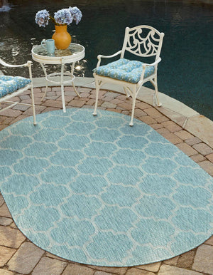Aquamarine 3' 1 x 5' 3 Outdoor Trellis Oval Area Rug Weather Resistant for Patio, Deck, Terrace, Balcony, Porch Geometric Design Water Safe Outside Carpet for Sale at Rug Engine