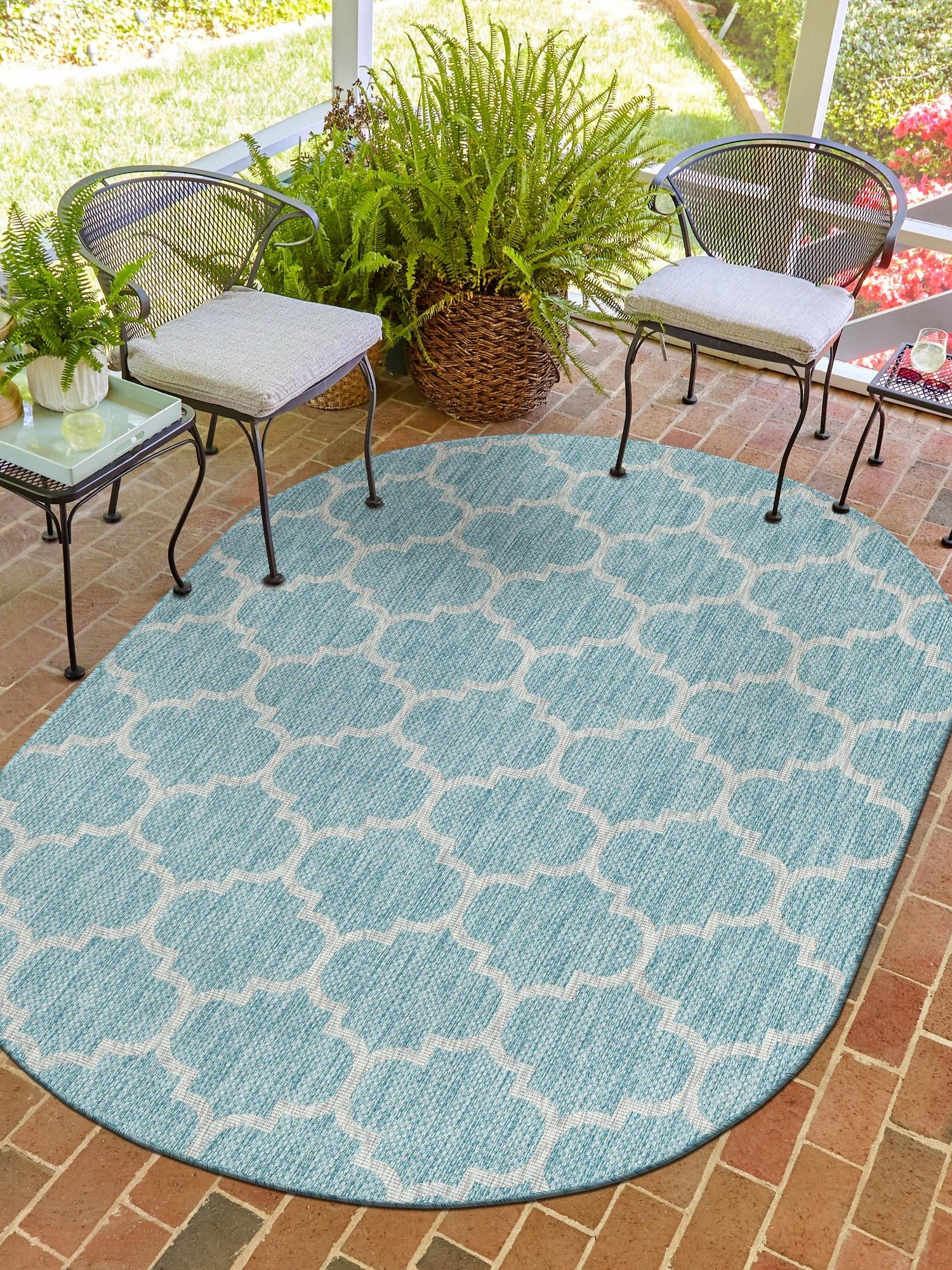 Aquamarine 3' 1 x 5' 3 Outdoor Trellis Oval Area Rug Weather Resistant for Patio, Deck, Terrace, Balcony, Porch Geometric Design Water Safe Outside Carpet for Sale at Rug Engine