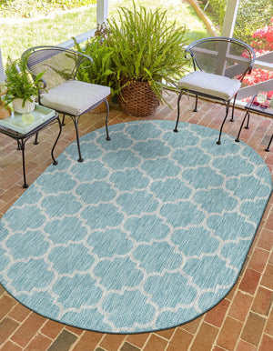 Aquamarine 5' 3 x 8' Outdoor Trellis Oval Area Rug Weather Resistant for Patio, Deck, Terrace, Balcony, Porch Geometric Design Water Safe Outside Carpet for Sale at Rug Engine