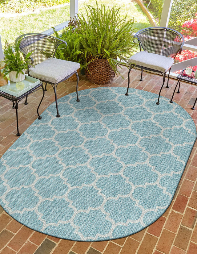 Aquamarine 5' 3 x 8' Outdoor Trellis Oval Area Rug Weather Resistant for Patio, Deck, Terrace, Balcony, Porch Geometric Design Water Safe Outside Carpet for Sale at Rug Engine