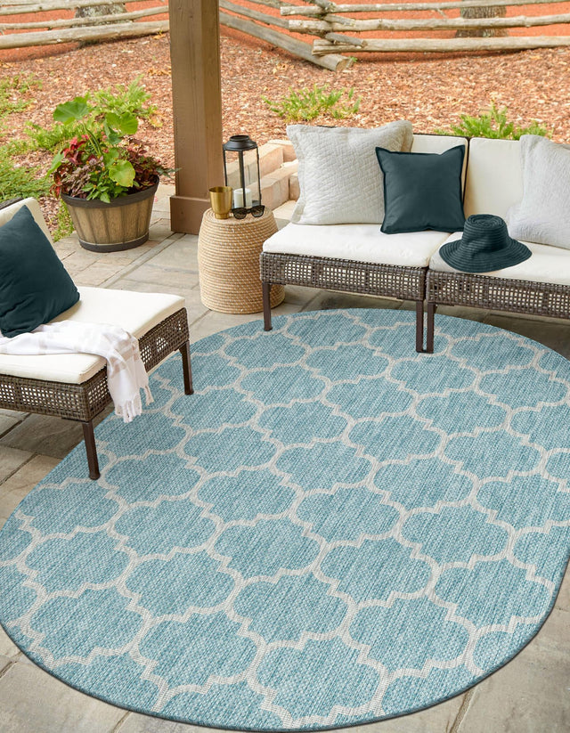 Aquamarine 5' 3 x 8' Outdoor Trellis Oval Area Rug Weather Resistant for Patio, Deck, Terrace, Balcony, Porch Geometric Design Water Safe Outside Carpet for Sale at Rug Engine
