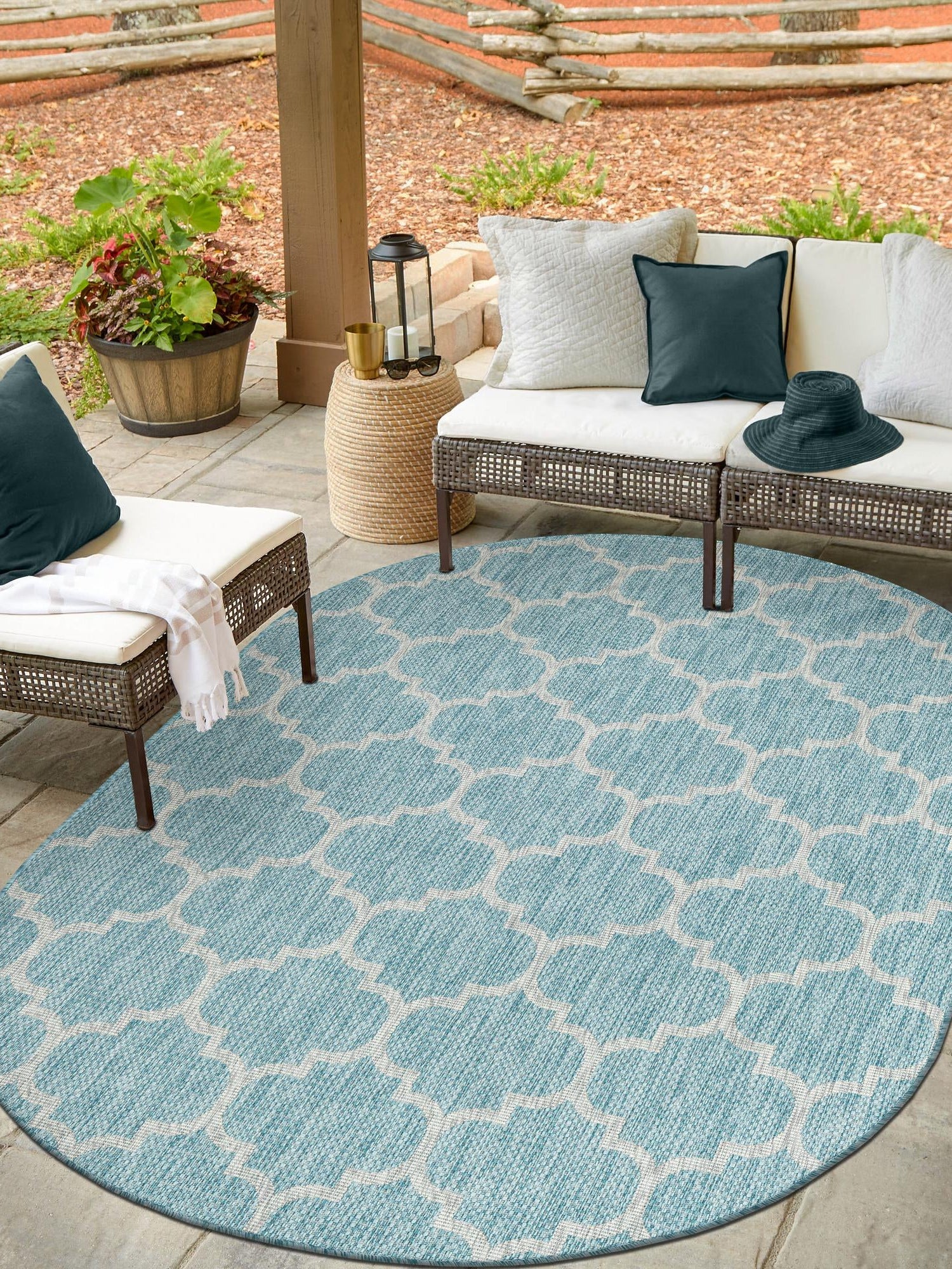 Aquamarine 3' 1 x 5' 3 Outdoor Trellis Oval Area Rug Weather Resistant for Patio, Deck, Terrace, Balcony, Porch Geometric Design Water Safe Outside Carpet for Sale at Rug Engine