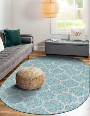 Aquamarine 5' 3 x 8' Outdoor Trellis Oval Area Rug Weather Resistant for Patio, Deck, Terrace, Balcony, Porch Geometric Design Water Safe Outside Carpet for Sale at Rug Engine