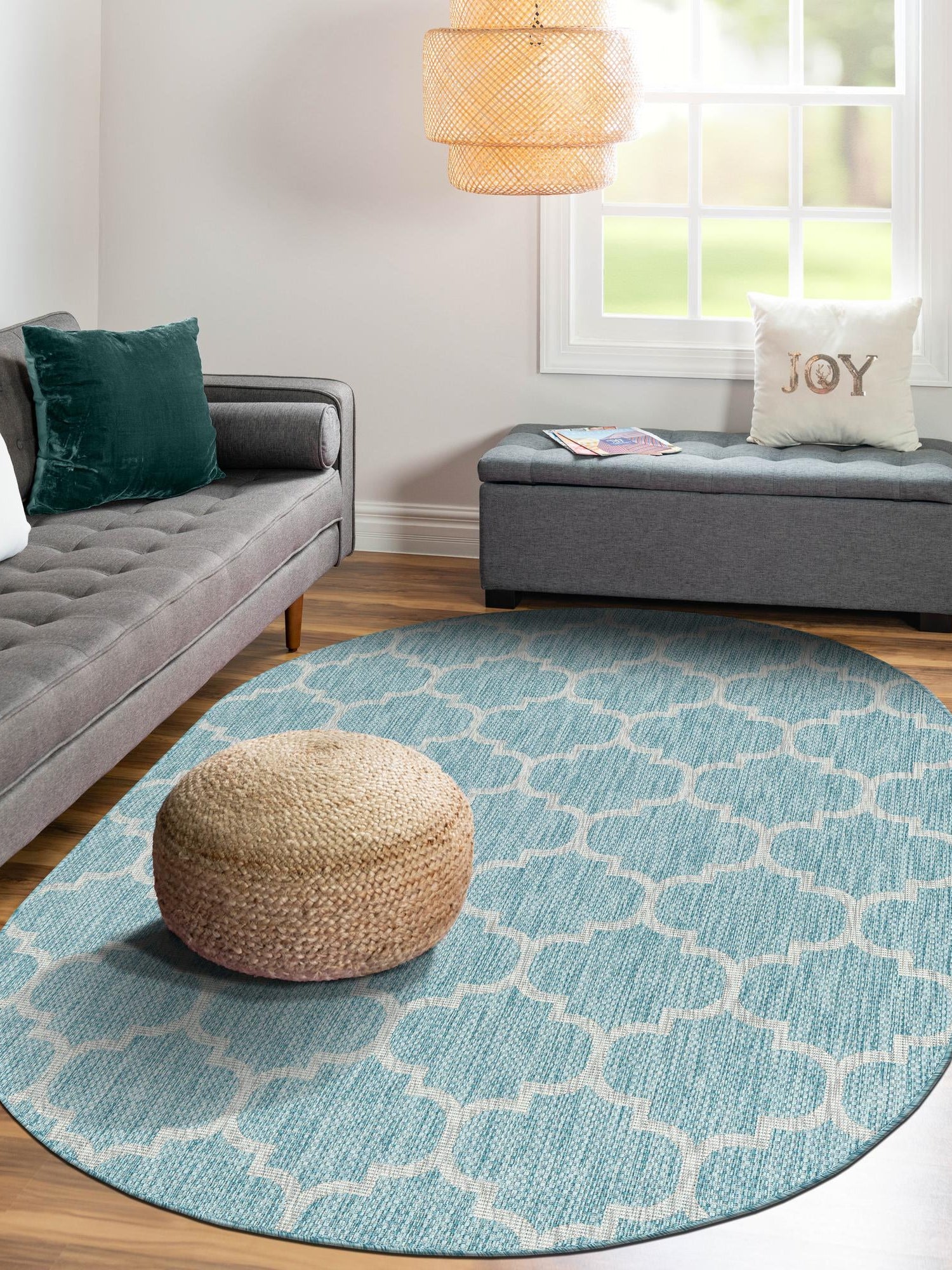 Aquamarine 3' 1 x 5' 3 Outdoor Trellis Oval Area Rug Weather Resistant for Patio, Deck, Terrace, Balcony, Porch Geometric Design Water Safe Outside Carpet for Sale at Rug Engine