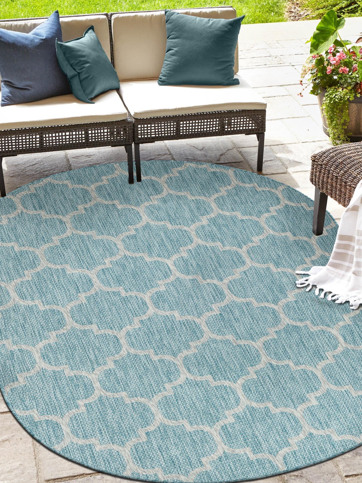 Aquamarine 3' 1 x 5' 3 Outdoor Trellis Oval Area Rug Weather Resistant for Patio, Deck, Terrace, Balcony, Porch Geometric Design Water Safe Outside Carpet for Sale at Rug Engine