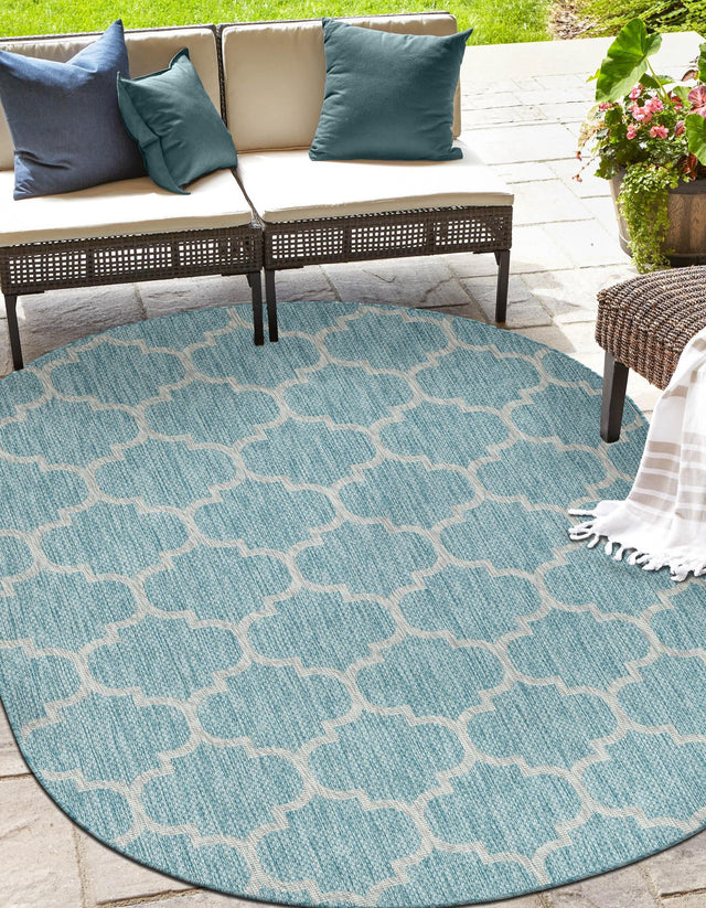 Aquamarine 5' 3 x 8' Outdoor Trellis Oval Area Rug Weather Resistant for Patio, Deck, Terrace, Balcony, Porch Geometric Design Water Safe Outside Carpet for Sale at Rug Engine
