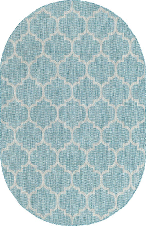 Aquamarine 5' 3 x 8' Outdoor Trellis Oval Area Rug Weather Resistant for Patio, Deck, Terrace, Balcony, Porch Geometric Design Water Safe Outside Carpet for Sale at Rug Engine