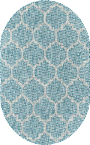 Aquamarine 3' 1 x 5' 3 Outdoor Trellis Oval Area Rug Weather Resistant for Patio, Deck, Terrace, Balcony, Porch Geometric Design Water Safe Outside Carpet for Sale at Rug Engine