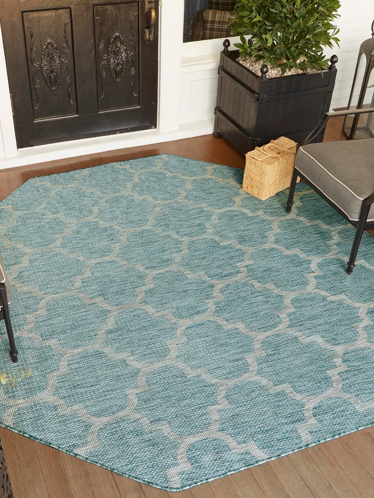 Aquamarine 5' 3 x 5' 3 Outdoor Trellis Octagon Area Rug Weather Resistant for Patio, Deck, Terrace, Balcony, Porch Geometric Design Water Safe Outside Carpet for Sale at Rug Engine