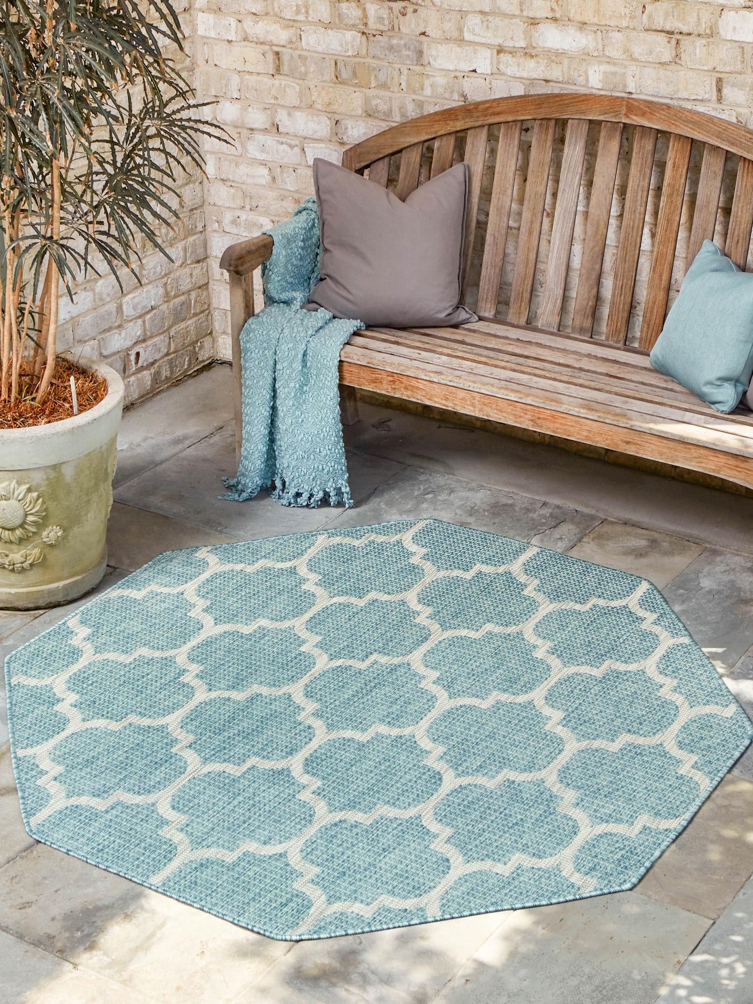 Aquamarine 7' 10 x 7' 10 Outdoor Trellis Octagon Area Rug Weather Resistant for Patio, Deck, Terrace, Balcony, Porch Geometric Design Water Safe Outside Carpet for Sale at Rug Engine