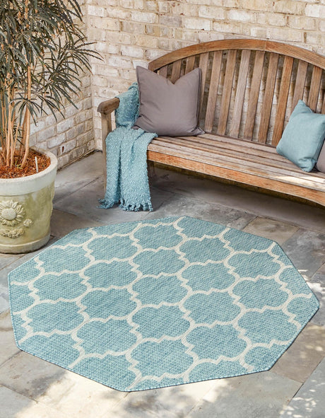 Aquamarine 7' 10 x 7' 10 Outdoor Trellis Octagon Area Rug Weather Resistant for Patio, Deck, Terrace, Balcony, Porch Geometric Design Water Safe Outside Carpet for Sale at Rug Engine