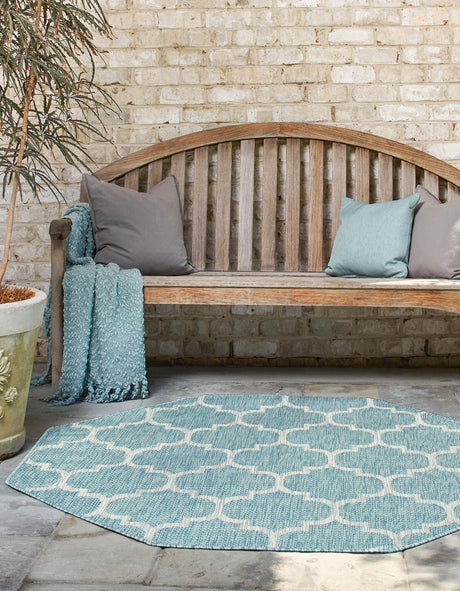 Aquamarine 5' 3 x 5' 3 Outdoor Trellis Octagon Area Rug Weather Resistant for Patio, Deck, Terrace, Balcony, Porch Geometric Design Water Safe Outside Carpet for Sale at Rug Engine