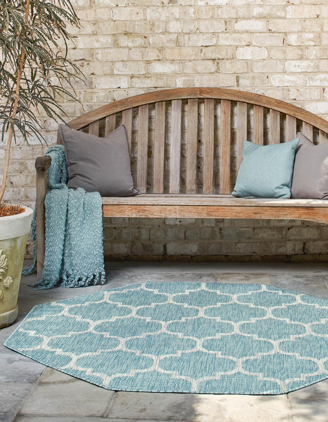 Aquamarine 5' 3 x 5' 3 Outdoor Trellis Octagon Area Rug Weather Resistant for Patio, Deck, Terrace, Balcony, Porch Geometric Design Water Safe Outside Carpet for Sale at Rug Engine