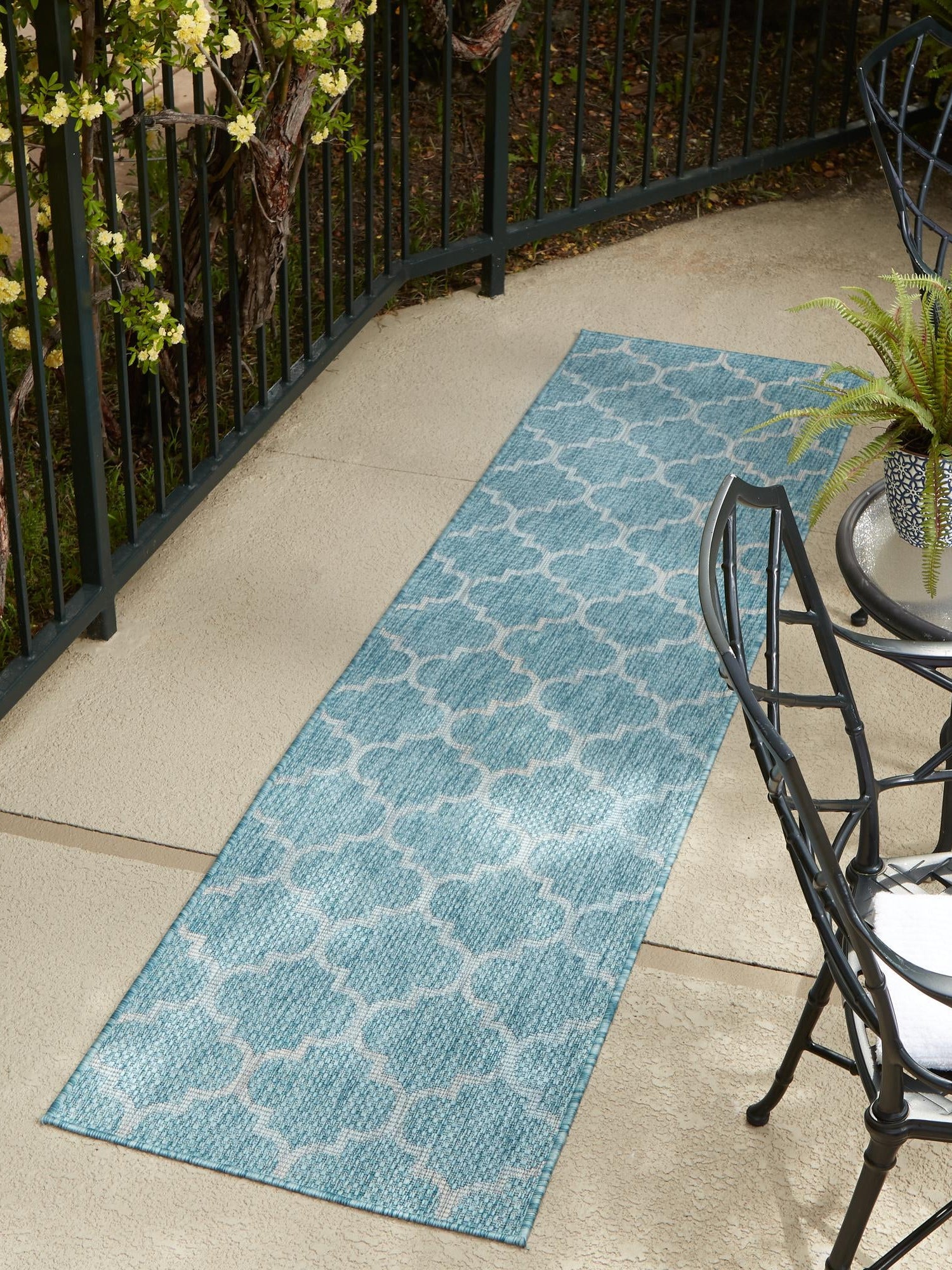 Aquamarine 2' x 6' 1 Outdoor Trellis Runner Area Rug Weather Resistant for Patio, Deck, Terrace, Balcony, Porch Geometric Design Water Safe Outside Carpet for Sale at Rug Engine