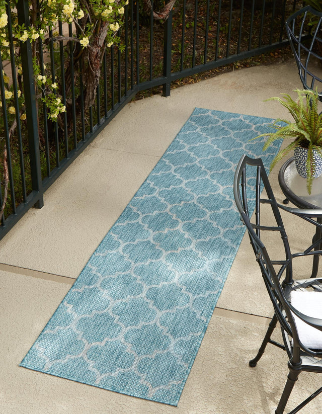 Aquamarine 2' x 6' 1 Outdoor Trellis Runner Area Rug Weather Resistant for Patio, Deck, Terrace, Balcony, Porch Geometric Design Water Safe Outside Carpet for Sale at Rug Engine