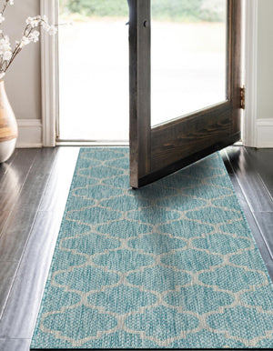 Aquamarine 2' x 6' 1 Outdoor Trellis Runner Area Rug Weather Resistant for Patio, Deck, Terrace, Balcony, Porch Geometric Design Water Safe Outside Carpet for Sale at Rug Engine