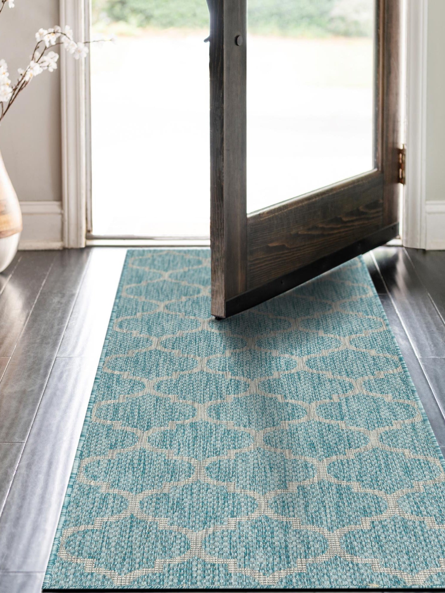 Aquamarine 2' x 8' Outdoor Trellis Runner Area Rug Weather Resistant for Patio, Deck, Terrace, Balcony, Porch Geometric Design Water Safe Outside Carpet for Sale at Rug Engine