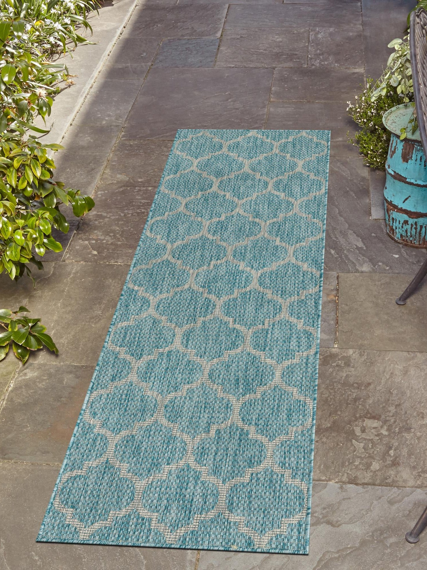 Aquamarine 2' x 8' Outdoor Trellis Runner Area Rug Weather Resistant for Patio, Deck, Terrace, Balcony, Porch Geometric Design Water Safe Outside Carpet for Sale at Rug Engine