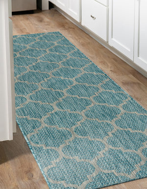 Aquamarine 2' x 6' 1 Outdoor Trellis Runner Area Rug Weather Resistant for Patio, Deck, Terrace, Balcony, Porch Geometric Design Water Safe Outside Carpet for Sale at Rug Engine