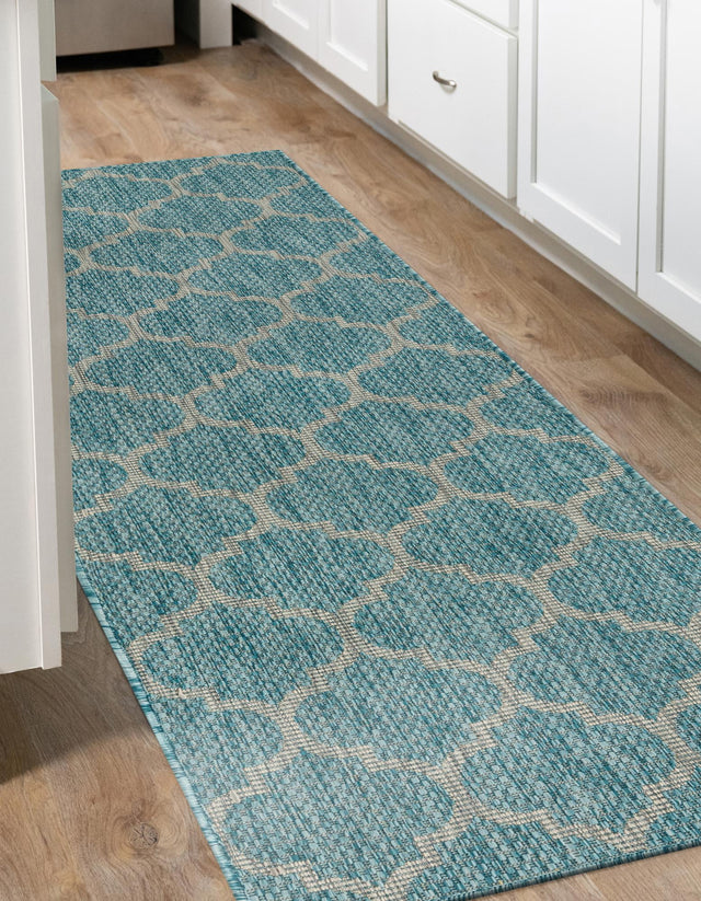 Aquamarine 2' x 6' 1 Outdoor Trellis Runner Area Rug Weather Resistant for Patio, Deck, Terrace, Balcony, Porch Geometric Design Water Safe Outside Carpet for Sale at Rug Engine