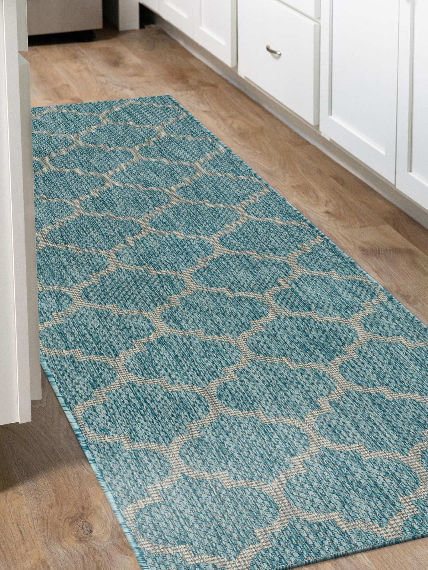 Aquamarine 2' x 8' Outdoor Trellis Runner Area Rug Weather Resistant for Patio, Deck, Terrace, Balcony, Porch Geometric Design Water Safe Outside Carpet for Sale at Rug Engine