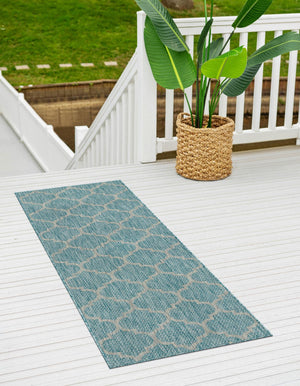 Aquamarine 2' x 8' Outdoor Trellis Runner Area Rug Weather Resistant for Patio, Deck, Terrace, Balcony, Porch Geometric Design Water Safe Outside Carpet for Sale at Rug Engine