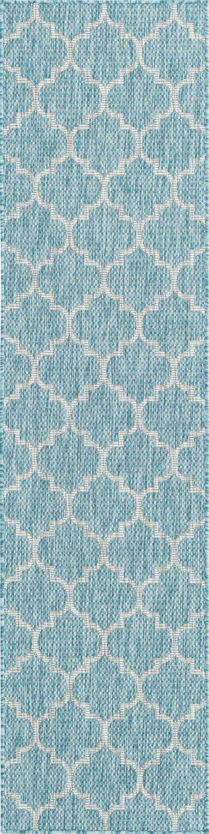 Aquamarine 2' x 8' Outdoor Trellis Runner Area Rug Weather Resistant for Patio, Deck, Terrace, Balcony, Porch Geometric Design Water Safe Outside Carpet for Sale at Rug Engine