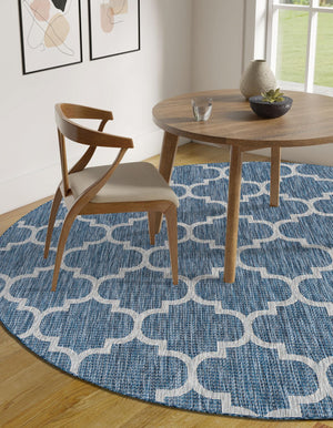 Navy Blue 3' 1 x 3' 1 Outdoor Trellis Round Area Rug Weather Resistant for Patio, Deck, Terrace, Balcony, Porch Geometric Design Water Safe Outside Carpet for Sale at Rug Engine