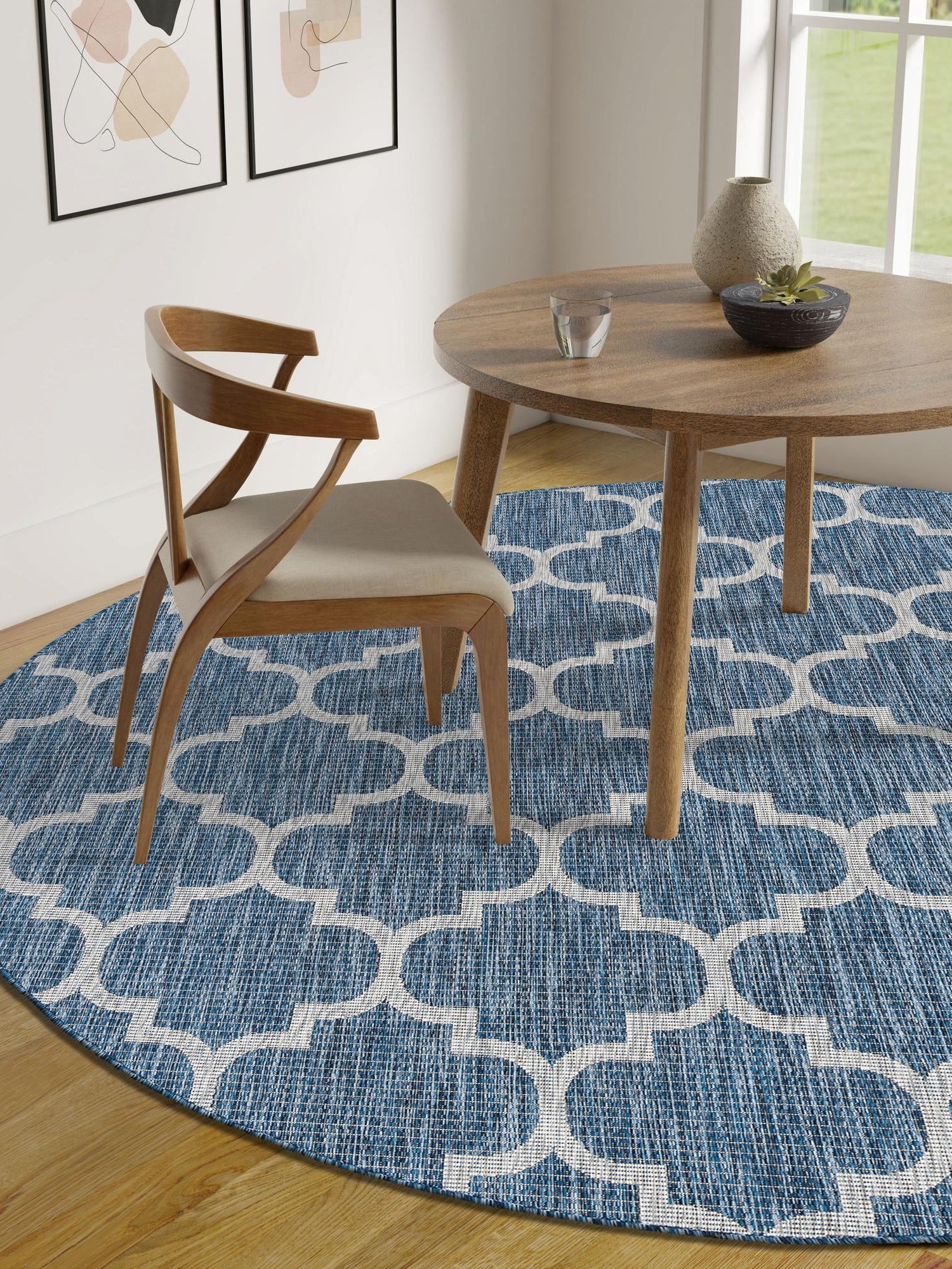 Navy Blue 7' 10 x 7' 10 Outdoor Trellis Round Area Rug Weather Resistant for Patio, Deck, Terrace, Balcony, Porch Geometric Design Water Safe Outside Carpet for Sale at Rug Engine