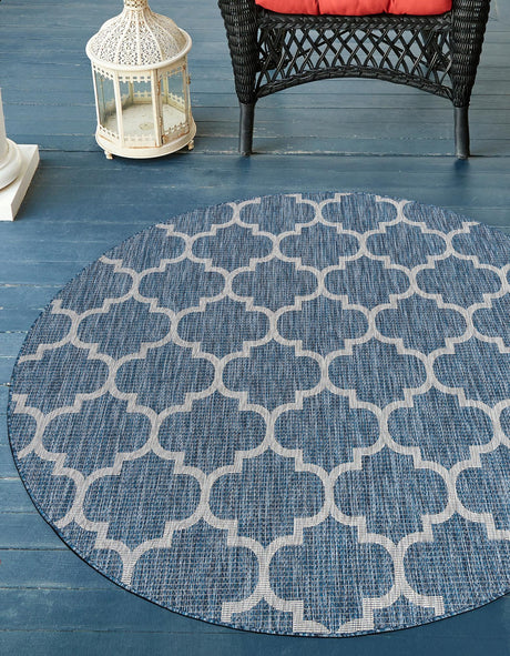 Navy Blue 3' 1 x 3' 1 Outdoor Trellis Round Area Rug Weather Resistant for Patio, Deck, Terrace, Balcony, Porch Geometric Design Water Safe Outside Carpet for Sale at Rug Engine