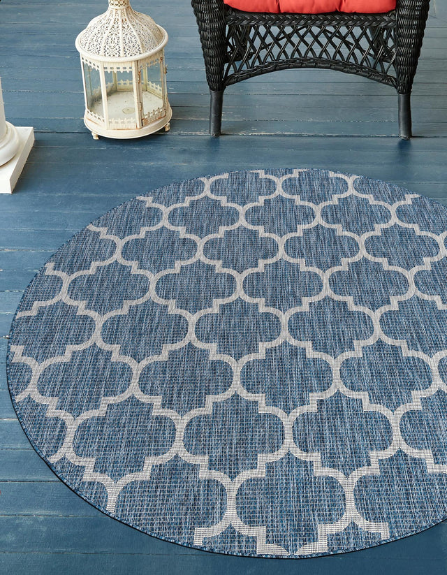 Navy Blue 3' 1 x 3' 1 Outdoor Trellis Round Area Rug Weather Resistant for Patio, Deck, Terrace, Balcony, Porch Geometric Design Water Safe Outside Carpet for Sale at Rug Engine