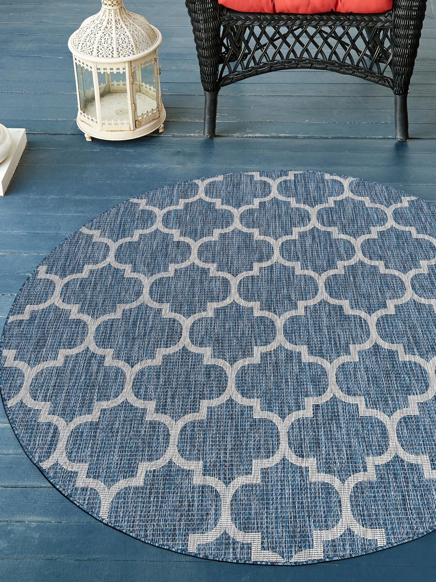 Navy Blue 4' 1 x 4' 1 Outdoor Trellis Round Area Rug Weather Resistant for Patio, Deck, Terrace, Balcony, Porch Geometric Design Water Safe Outside Carpet for Sale at Rug Engine