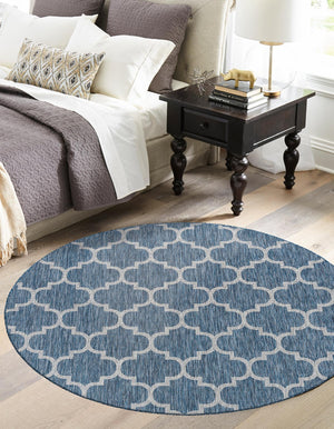 Navy Blue 3' 1 x 3' 1 Outdoor Trellis Round Area Rug Weather Resistant for Patio, Deck, Terrace, Balcony, Porch Geometric Design Water Safe Outside Carpet for Sale at Rug Engine