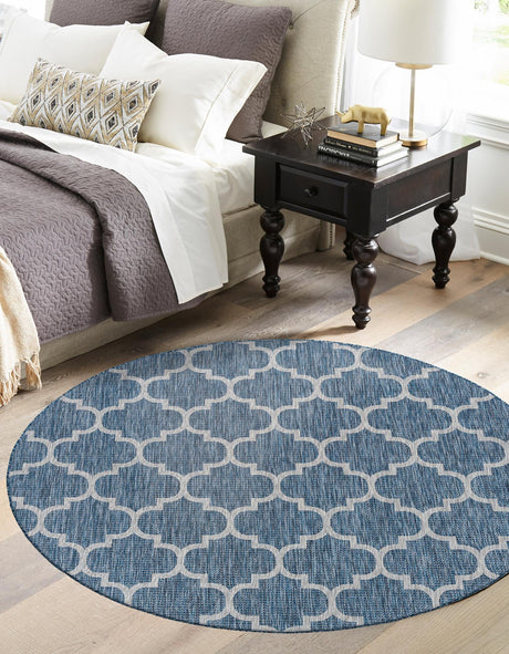 Navy Blue 3' 1 x 3' 1 Outdoor Trellis Round Area Rug Weather Resistant for Patio, Deck, Terrace, Balcony, Porch Geometric Design Water Safe Outside Carpet for Sale at Rug Engine