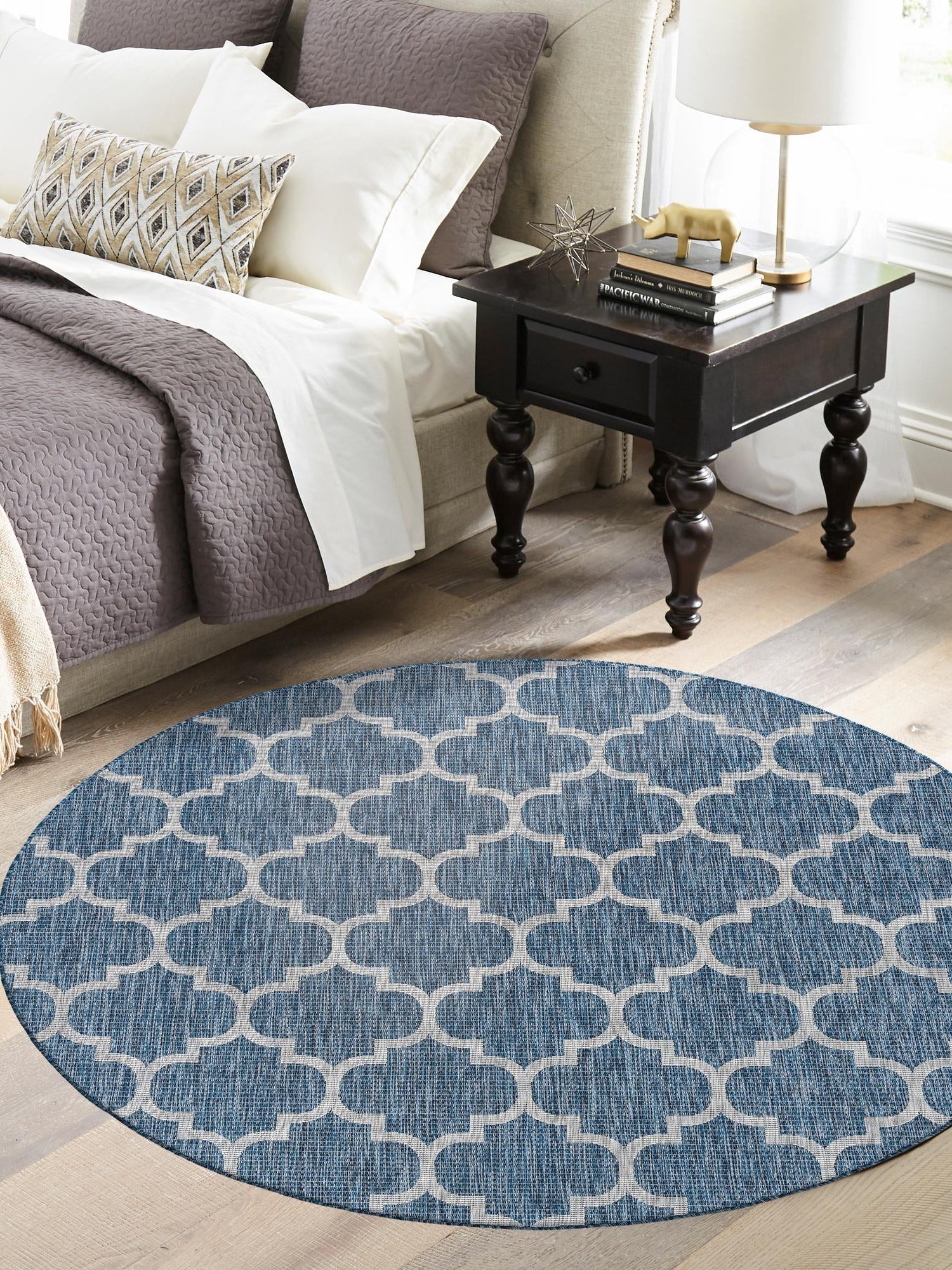Navy Blue 5' 3 x 5' 3 Outdoor Trellis Round Area Rug Weather Resistant for Patio, Deck, Terrace, Balcony, Porch Geometric Design Water Safe Outside Carpet for Sale at Rug Engine