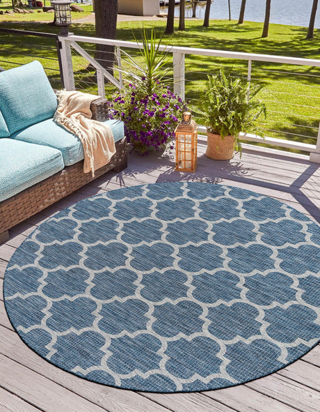 Navy Blue 3' 1 x 3' 1 Outdoor Trellis Round Area Rug Weather Resistant for Patio, Deck, Terrace, Balcony, Porch Geometric Design Water Safe Outside Carpet for Sale at Rug Engine