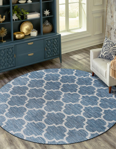 Navy Blue 3' 1 x 3' 1 Outdoor Trellis Round Area Rug Weather Resistant for Patio, Deck, Terrace, Balcony, Porch Geometric Design Water Safe Outside Carpet for Sale at Rug Engine