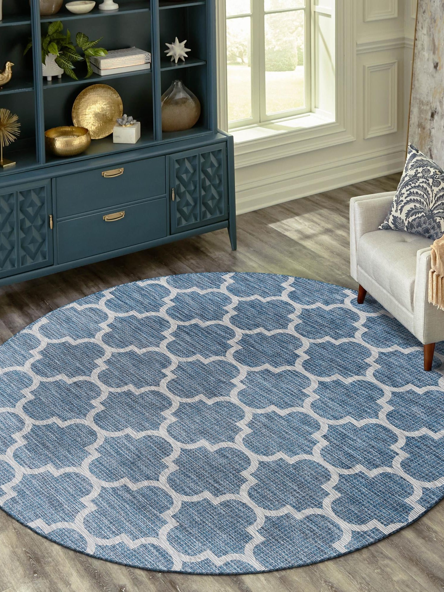 Navy Blue 5' 3 x 5' 3 Outdoor Trellis Round Area Rug Weather Resistant for Patio, Deck, Terrace, Balcony, Porch Geometric Design Water Safe Outside Carpet for Sale at Rug Engine