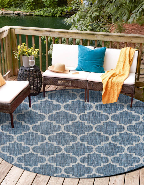 Navy Blue 3' 1 x 3' 1 Outdoor Trellis Round Area Rug Weather Resistant for Patio, Deck, Terrace, Balcony, Porch Geometric Design Water Safe Outside Carpet for Sale at Rug Engine