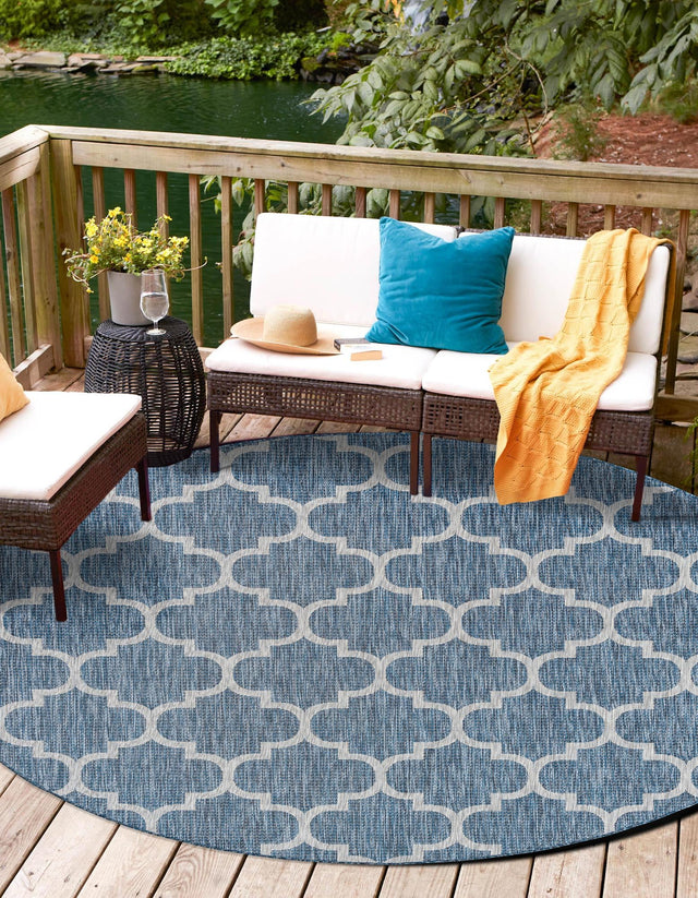 Navy Blue 3' 1 x 3' 1 Outdoor Trellis Round Area Rug Weather Resistant for Patio, Deck, Terrace, Balcony, Porch Geometric Design Water Safe Outside Carpet for Sale at Rug Engine