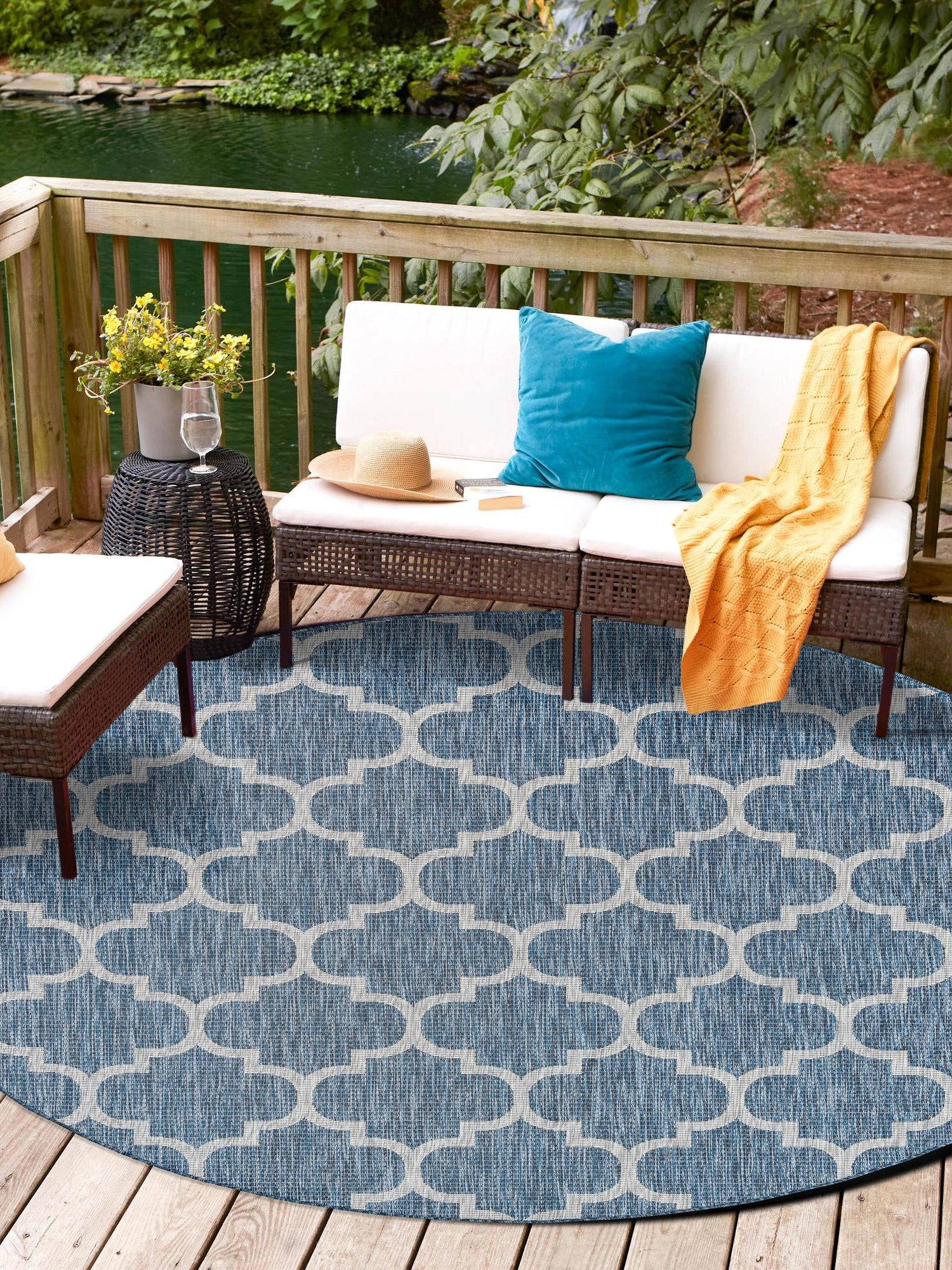 Navy Blue 5' 3 x 5' 3 Outdoor Trellis Round Area Rug Weather Resistant for Patio, Deck, Terrace, Balcony, Porch Geometric Design Water Safe Outside Carpet for Sale at Rug Engine