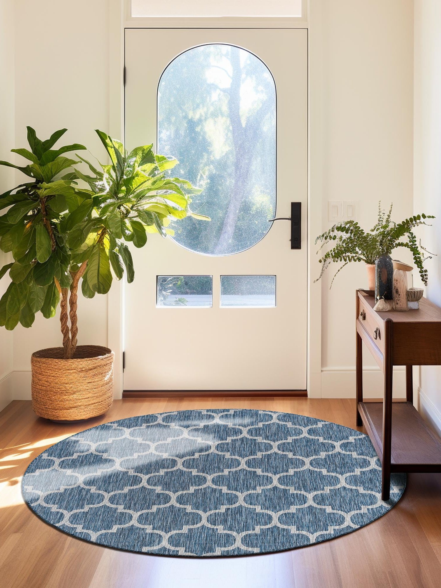 Navy Blue 13' 1 x 13' 1 Outdoor Trellis Round Area Rug Weather Resistant for Patio, Deck, Terrace, Balcony, Porch Geometric Design Water Safe Outside Carpet for Sale at Rug Engine