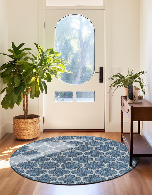 Navy Blue 13' 1 x 13' 1 Outdoor Trellis Round Area Rug Weather Resistant for Patio, Deck, Terrace, Balcony, Porch Geometric Design Water Safe Outside Carpet for Sale at Rug Engine