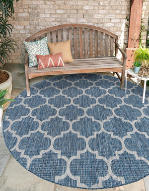 Navy Blue 13' 1 x 13' 1 Outdoor Trellis Round Area Rug Weather Resistant for Patio, Deck, Terrace, Balcony, Porch Geometric Design Water Safe Outside Carpet for Sale at Rug Engine