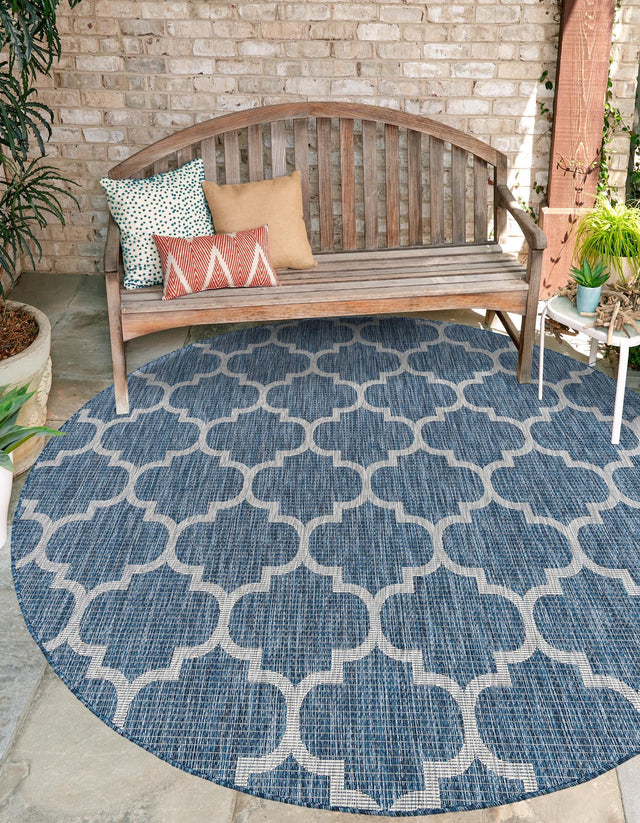 Navy Blue 13' 1 x 13' 1 Outdoor Trellis Round Area Rug Weather Resistant for Patio, Deck, Terrace, Balcony, Porch Geometric Design Water Safe Outside Carpet for Sale at Rug Engine