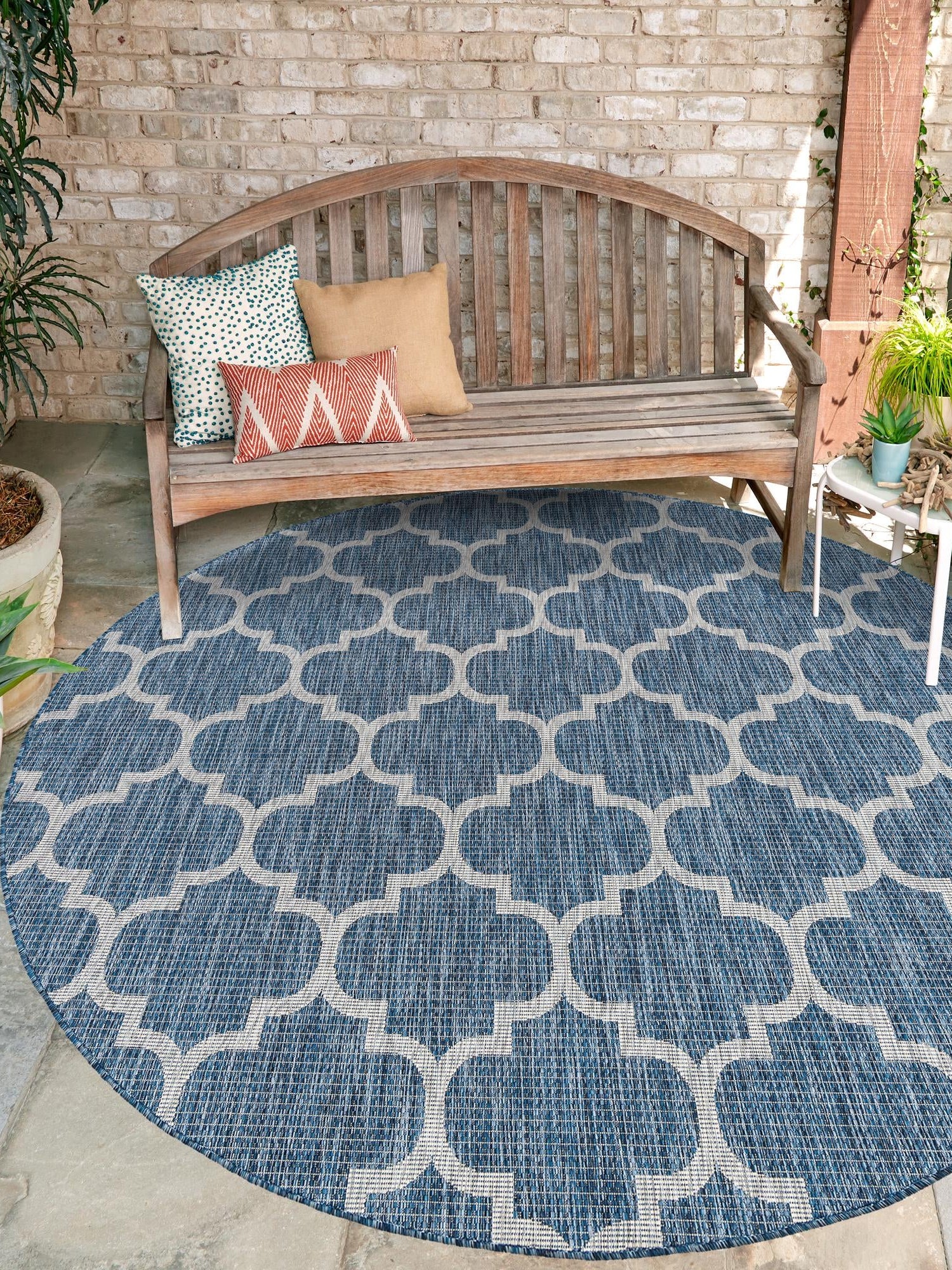Navy Blue 10' x 10' Outdoor Trellis Round Area Rug Weather Resistant for Patio, Deck, Terrace, Balcony, Porch Geometric Design Water Safe Outside Carpet for Sale at Rug Engine
