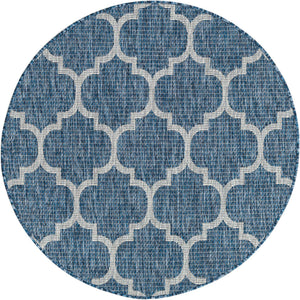 Navy Blue 4' 1 x 4' 1 Outdoor Trellis Round Area Rug Weather Resistant for Patio, Deck, Terrace, Balcony, Porch Geometric Design Water Safe Outside Carpet for Sale at Rug Engine