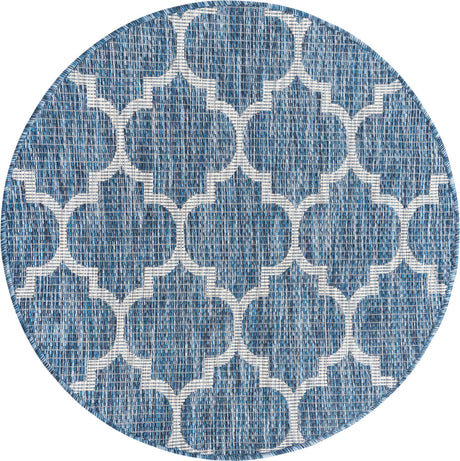 Navy Blue 3' 1 x 3' 1 Outdoor Trellis Round Area Rug Weather Resistant for Patio, Deck, Terrace, Balcony, Porch Geometric Design Water Safe Outside Carpet for Sale at Rug Engine